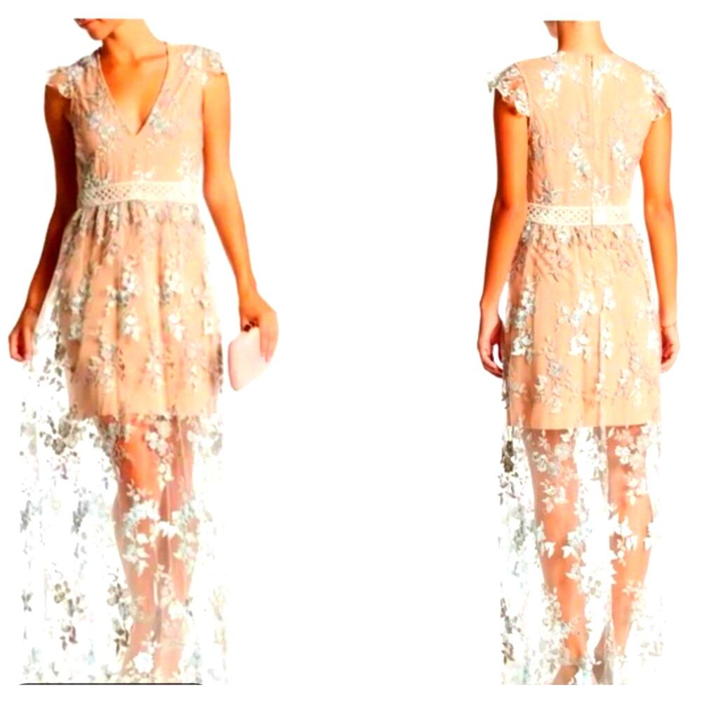 WAYF Oakfield Lovely Silver Embroidered Floral Lace Formal Mini-Maxi Dress L